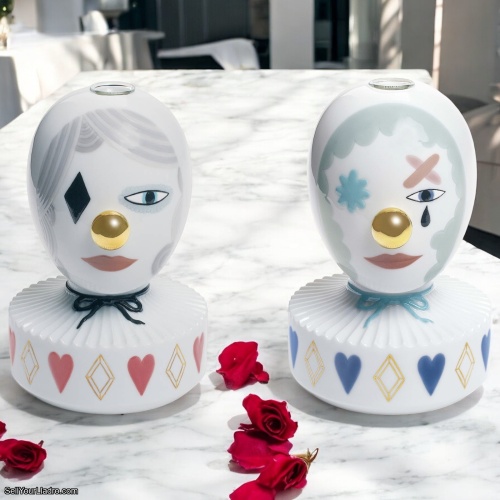 Lladro Retired Set of 2 Masquerade Vases I & II – Elegant Porcelain Bud Vases Inspired by Venetian Masks | Rare Collectible SKU: 01007263 01007264