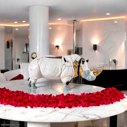 Rhino Cyborg Sculpture Handmade Porcelain Sculpture with Robotic Aesthetic SKU: 01009756
