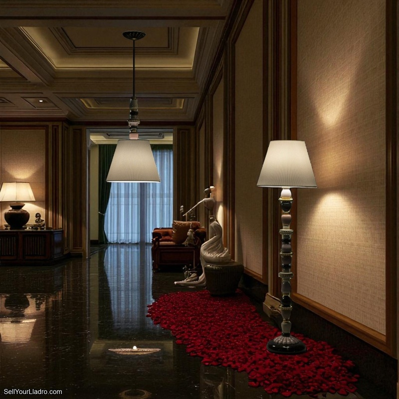 Lladro Firefly Floor Lamp – Pink & Golden Luster | Glazed Porcelain Art Lighting | Made in Spain | SKU: 01024004